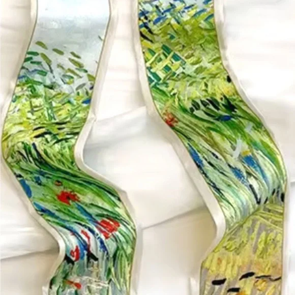 Artistic Silk Skinny Scarf with VanGogh Design - Picture 3 of 4